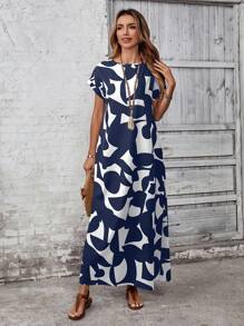 EMERY ROSE Women's Casual Dress With All-Over Print, Suitable For Vacation Navy Blue Maxi Dress Abstract Print Maxi Dress