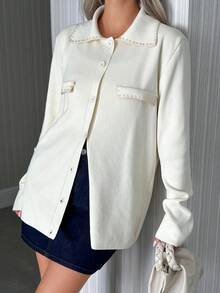 EURMUSE Cardigan de malha com bolso falso e gola polo feminino - Creme - Ver 4
