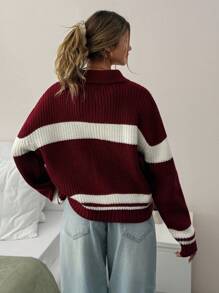 EURMUSE Women Stripe Pattern Rib Knit Zipper Detailed Drop Shoulder Cardigan,Long Cardigans Woman,Petite Cardigans,Cardigans - Burgundy - View 3