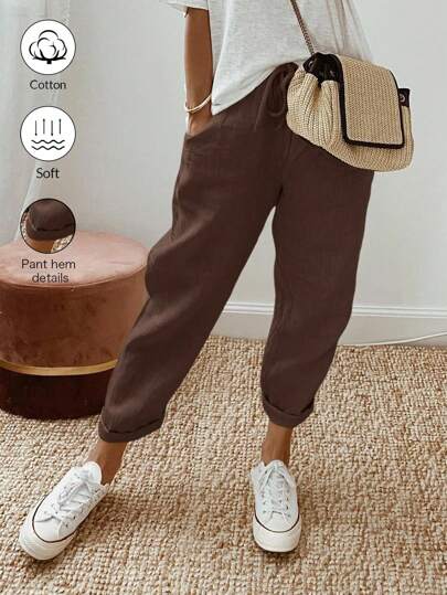 EMERY ROSE Solid Color Simple Design Front Tie Casual Pants, Suitable For Daily Wear