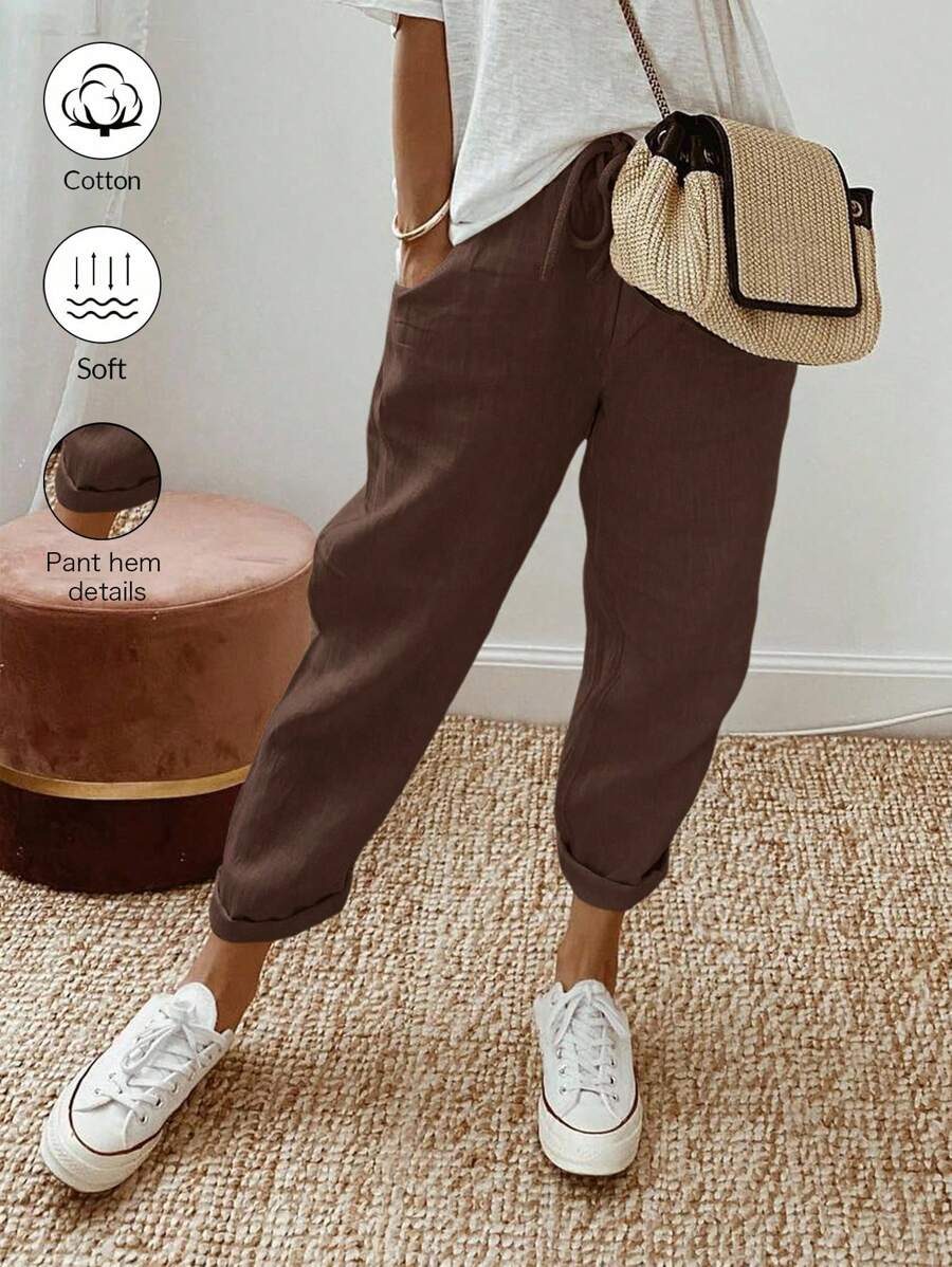 EMERY ROSE Solid Color Simple Design Front Tie Casual Pants, Suitable For Daily Wear - Coffee Brown - View 1