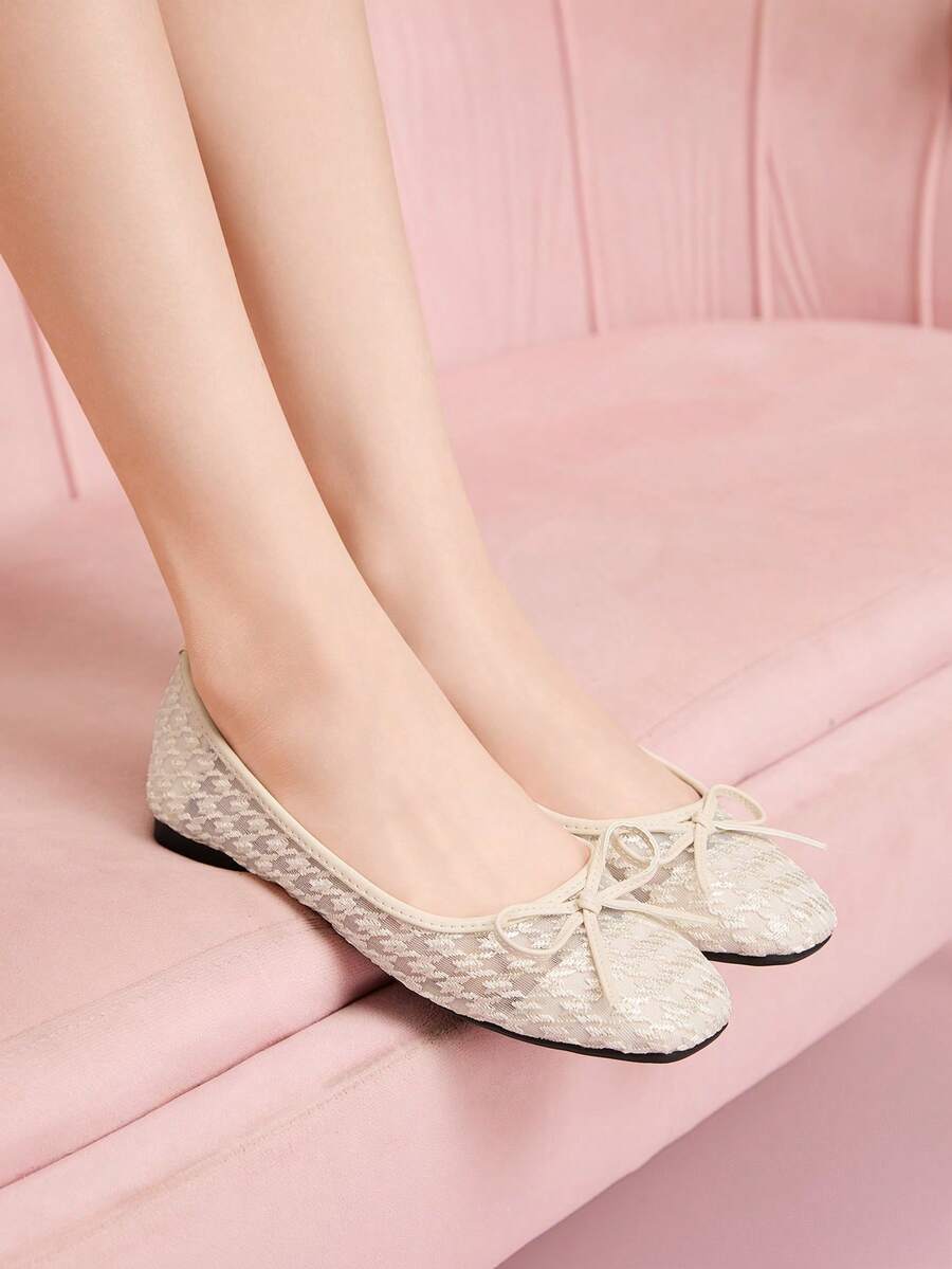 CUCCOO DOLLMOD Round Toe Soft Bottom Suede Strap Bicolor Metal Rivet Decor Ballet Bow Flat Slip-On Loafers For Women - Beige - View 1