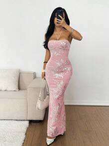 SHEIN EZwear 女士优雅银箔露背吊带连衣裙 - 粉色 - 查看 7