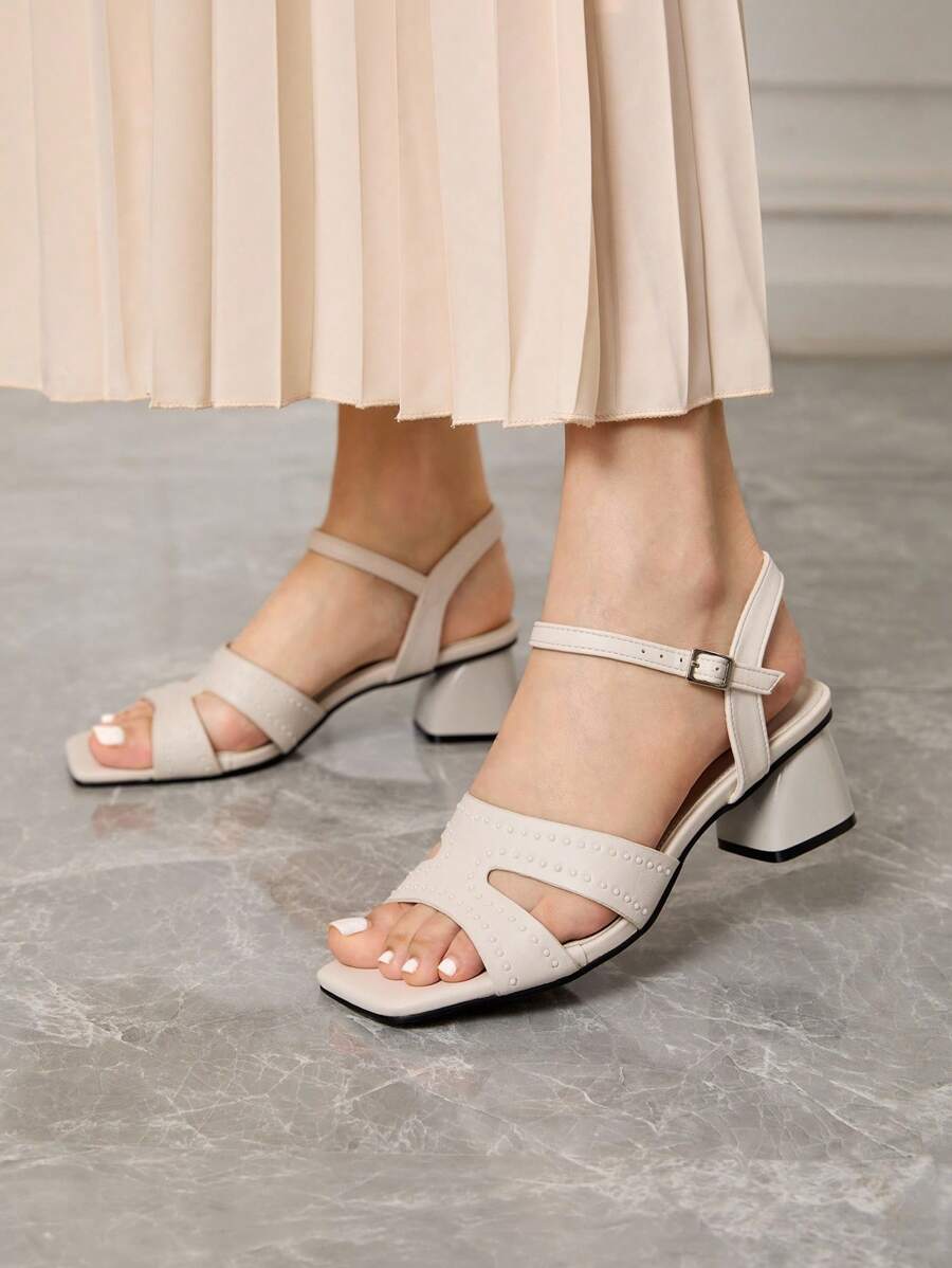 Sleekvia 米色金属水钻装饰休闲时尚厚底中跟凉鞋 - 米色 - 查看 1