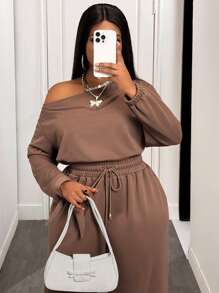 Slaydiva Ensemble 2 pièces ample à manches longues avec une épaule inclinée, un Top avec cordon élastique à la taille et poches, et un pantalon à jambes larges. Couleur brun foncé. Convient pour l'automne/hiver, le retour à l'école, le style de rue, les sorties, le travail, l'aéroport, les fêtes, le quotidien, etc. - Tabac - Voir 9