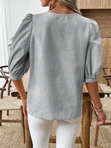 EMERY ROSE Áo sơ mi tay phồng sọc thường ngày cho kỳ nghỉ của phụ nữ Áo cánh sọc Áo tay phồng Áo sọc nữ Áo cánh tay đèn lồng Áo mùa hè có tay - Đen và trắng - Xem 2