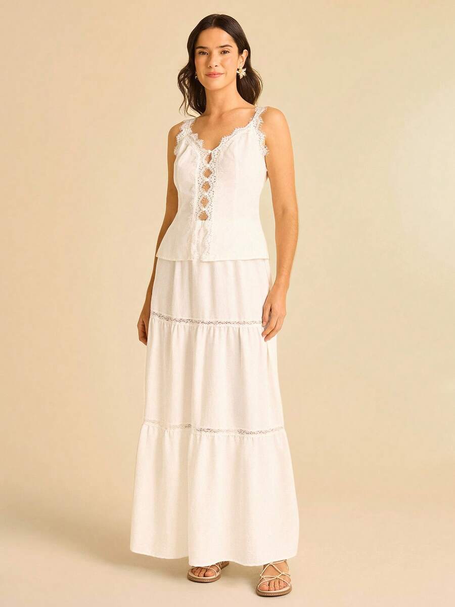 CAJUNI Falda acampanada de encaje y parches para mujer, estilo vintage casual para ir al trabajo - Blanco - Ver 1