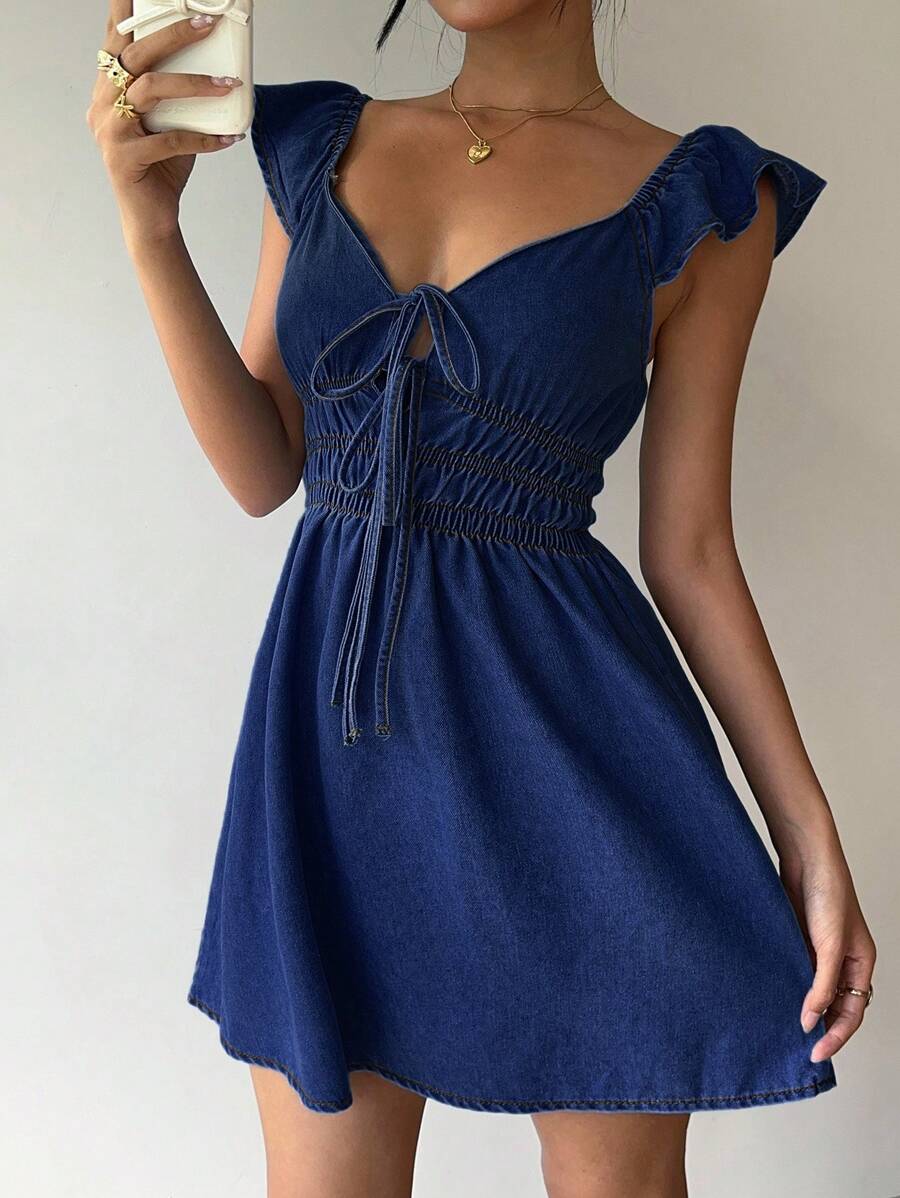 Aloruh 女式可爱牛仔迷你连衣裙，休闲修身，蓝色 - 深色水洗藍 - 查看 1