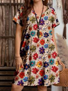 EMERY ROSE 休闲简约花卉印花V领无袖大码连衣裙，适合夏季 - 彩色 - 查看 1