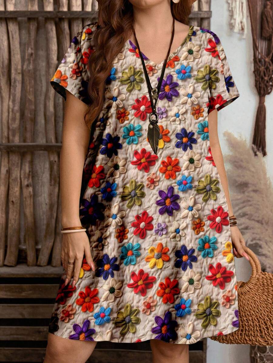 EMERY ROSE 休闲简约花卉印花V领无袖大码连衣裙，适合夏季 - 彩色 - 查看 1