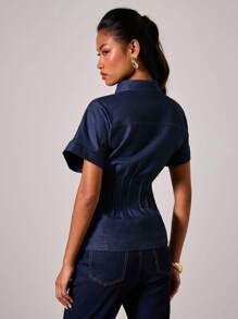 COSMINA Women's Stand Collar Batwing Sleeve Fashionable Denim Effect Waist Top - Blue - View 2