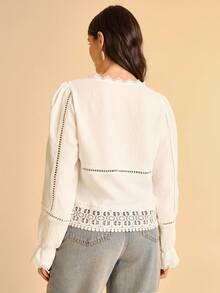 CAJUNI 女士休闲时尚百搭系带长袖衬衫 - 白色 - 查看 2