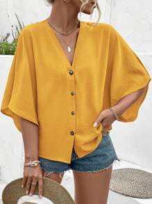 EMERY ROSE Women's Plus Size Elegant Solid Color Jacquard V-Neck Raglan Sleeve Button Decor Beach Resort 2025 Spring/Summer New Versatile Design Blouse - Mustard Yellow - View 5