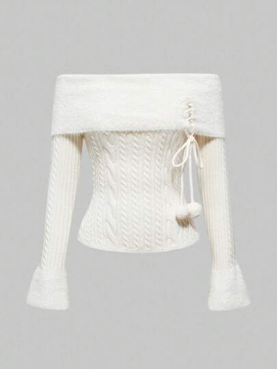 Suéter de mujer con decoración de pompones, hombros descubiertos, parches y diseño lindo y kawaii para fiesta