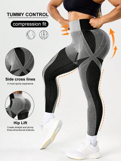 Seamluxe SHEIN Sport Leggings deportivos casuales cómodos de cintura alta con contraste de color para mujeres, pantalones de yoga