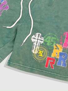 ROMWE MEN Street Life Men's Casual Letter Print Drawstring Waist Shorts, Summer - Green - View 4