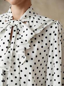 Aveloria 编织波尔卡圆点印花 V 领荷叶边饰边系带长喇叭袖直筒休闲户外优雅办公室约会度假女式衬衫，春夏秋