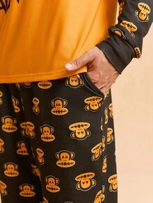 Paul Frank X SHEIN Men's Cartoon Pattern Colorblock Long Sleeve Top And Pants Loungewear Set, Fall Winter Clothes - Orange - View 6
