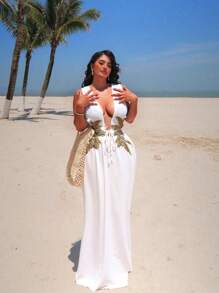 Sunnyshic Vestido dividido con parches brillantes y de unicolor de alta gama para tallas grandes y sexy - Blanco - Ver 3