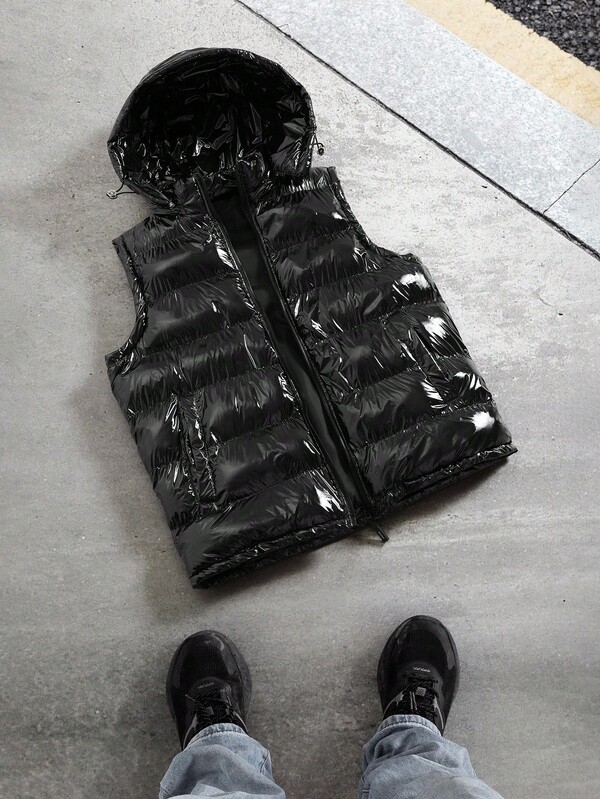 Manfinity EMRG Vestă matlasată cu fermoar și glugă pentru bărbați, fără mâneci, căptușită, vestă neagră, vestă pentru bărbați, vestă cu glugă, un cadou minunat pentru iubitul tău, vestă cu glugă pentru bărbați