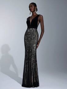 Elitara Elegant Black Sleeveless Deep V Velvet Patchwork Fine Flash Positioning Sequins Slim-Fit Fishtail Maxi Dresses Formal Evening Prom Wedding Guest Gown, For Graduation, Dinner Party Dress