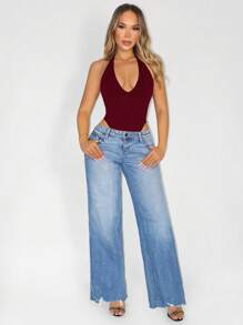 Sirith One-Piece Suit Seamless Knit Deep V-Neck Backless Halter Bodysuit - Burgundy - View 4