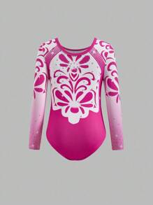 SHEIN Young Girl Floral Print Artistic Gymnastics Leotard, Professional Competition Technique Outfit, Suitable For All Seasons, Children Dance Performance And Training - Hot Pink - View 3