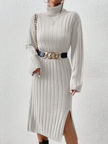 EURMUSE Slit Hem High Neck Drop Shoulder Sweater Dress (belt Not Included) - Beige - View 5