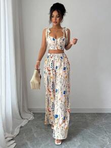 SHEIN PETITE Set de 2 piezas con diseño de tirantes finos y espalda descubierta + pantalones de pierna ancha y cintura alta para mujer - Albaricoque - Ver 3