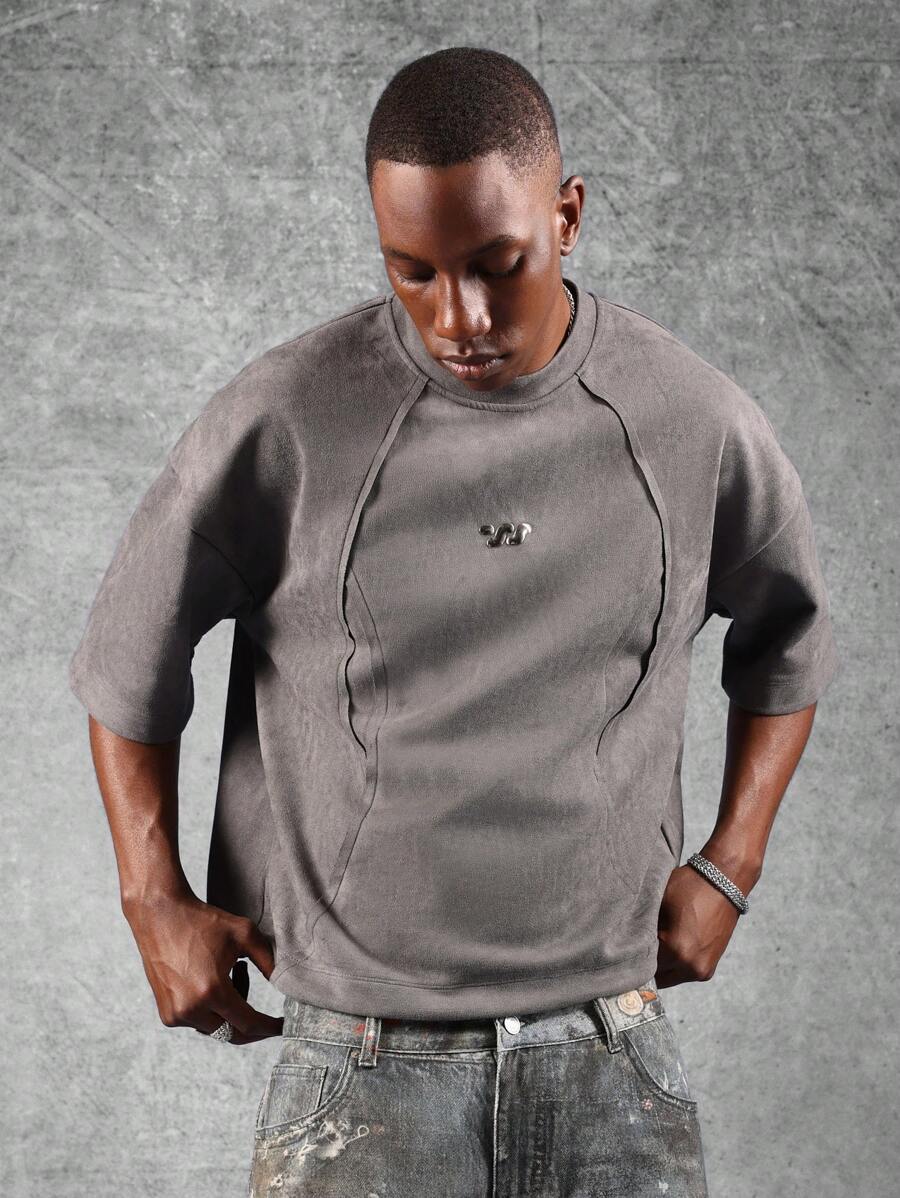 SUMWON Oversized Suede T-Shirt Classic Cropped Design Raglan Seam Panel Streetwear Festival Summer Fashion Statement Urban Style Essential Casual Comfort Grunge Culture - Dark Grey - View 1