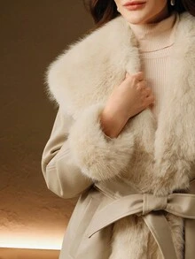 Anewsta 女式长款人造毛领皮草大衣，配腰带和皮草衬里 - 米色 - 查看 8