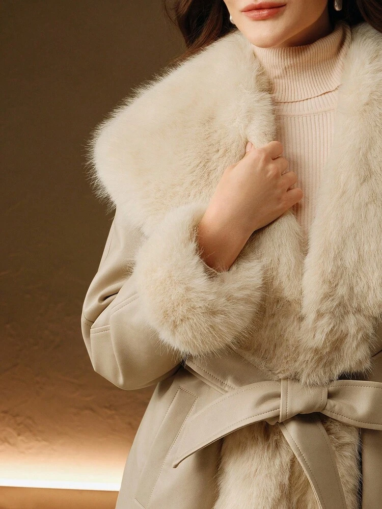 ベルト付き 長めのフェイクファー襟付きファーコート、ファー裏地