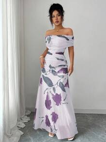 Modelyn Women's Mesh Printed Off Shoulder Ruffle Summer Casual Dress - Purple - View 3