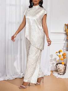 SHEIN Lady 女士优雅休闲缎面豹纹提花高领不对称肩袖简约宽松短袖衬衫和裤子两件套服装2件套夏季服装演唱会休闲演唱会服装度假服装欧洲夏季早午餐服装女 - 白色 - 查看 5