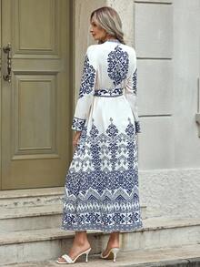 EMERY ROSE Đầm dài tay bó eo cho nữ - Xanh và trắng - Xem 2