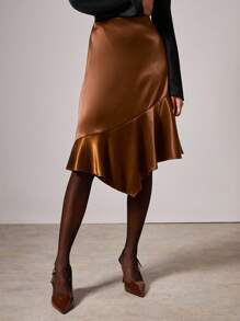COSMINA Women's Elegant Satin Asymmetrical Skirt, Autumn/Winter - Brown - View 7