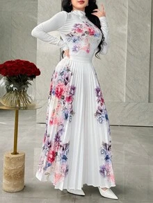 Feyla 女式优雅花卉印花长袖上衣和百褶裙两件套 - 白色 - 查看 3