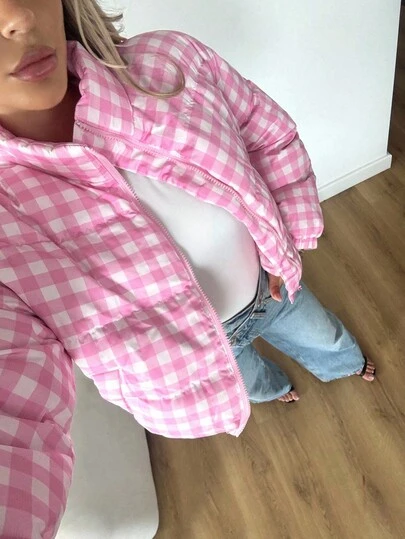 Sweetina 女式立领长袖拉链格子冬季夹克