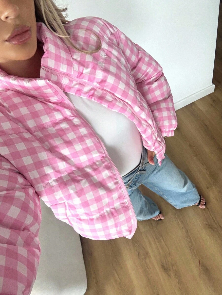 Sweetina 女式立领长袖拉链格子冬季夹克 - 粉色 - 查看 1