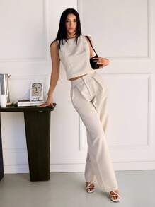 SHEIN Tall Bộ 2 món áo thun cổ tròn không tay màu trơn và quần xếp ly thường ngày cho nữ - Màu be - Xem 6