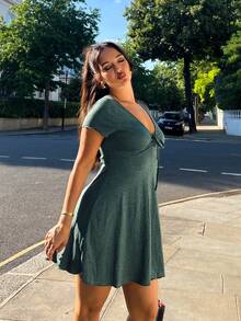 NegzBox Lettuce Trim Drawstring Knot Front Summer Women Outfit Black Dress,Summer Dresses For Women - Dark Green - View 6
