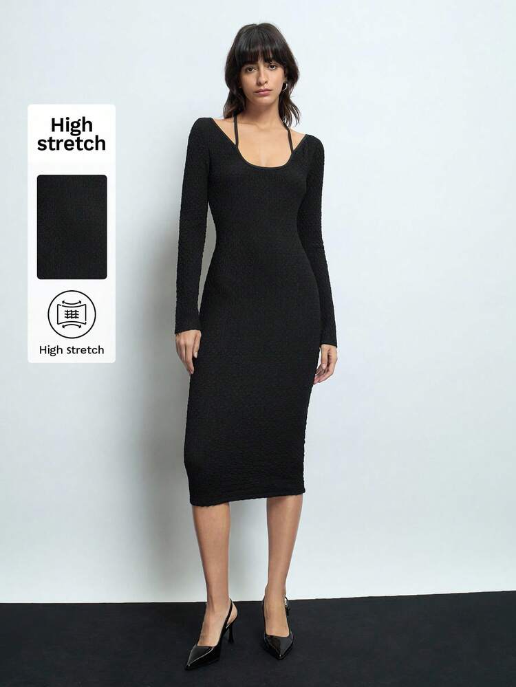 SHEIN Maija Women's Black Tie-Up Halter Versatile Casual Elegant Fashion Modern Dress, Long Sleeve Pullover Fishtail Hem Dress, Women's Apparel For Spring, Valentine's Day Festival