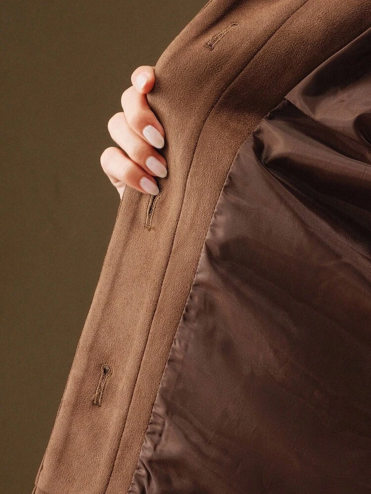 Women's Short Brown Collar Flap Pocket Rhinestone Embellished Single-Breasted Casual Elegant Fashion Jacket, Autumn/Winter