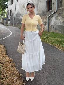 Jeta Ari Ruffle Skirt Boho Long Skirt Break Solid Frill Trim Ruffle Hem Skirt - White - View 2