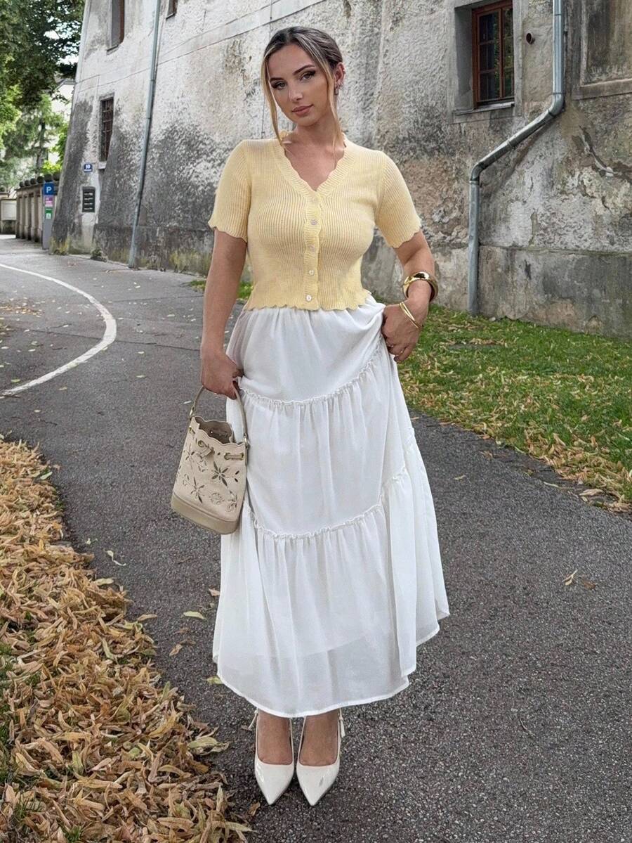 Jeta Ari Ruffle Skirt Boho Long Skirt Break Solid Frill Trim Ruffle Hem Skirt