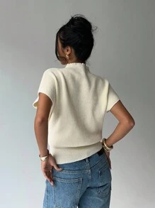 Aloruh 女士休闲纯色简约立领短袖毛衣