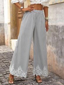 Brillora Women's Striped Wide Leg Palazzo Pants,Black And White Checkered,Summer,Boho,Vacation,Holiday Lace Patchwork Pockets Casual Loose Long Pants - Black - View 8
