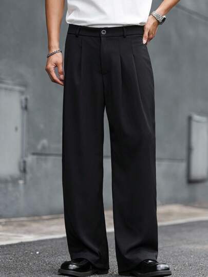 Claim Dot 男士纯色褶皱阔腿宽松休闲裤黑色正装裤男男士阔腿裤男士褶皱西装裤宽松裤男士男士黑色宽松正装裤，秋季