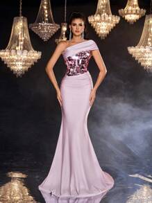 Váy dạ hội trang trọng dáng ôm sát, chất liệu vải thêu sequin thủ công Avant-Garde bất đối xứng, vai chắp vá, viền kéo khóa bên hông, thích hợp cho tiệc cocktail, khiêu vũ, hòa nhạc, khách dự tiệc cưới và các dịp khác - Bụi hồng - Xem 4