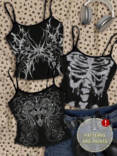 Attitoon 3pcs Women Grunge Style Butterfly, Cross, Wing, Skull Halloween Tank Tops, Suitable For Summer, Airport, Street Wear, Y2K,Halter Top